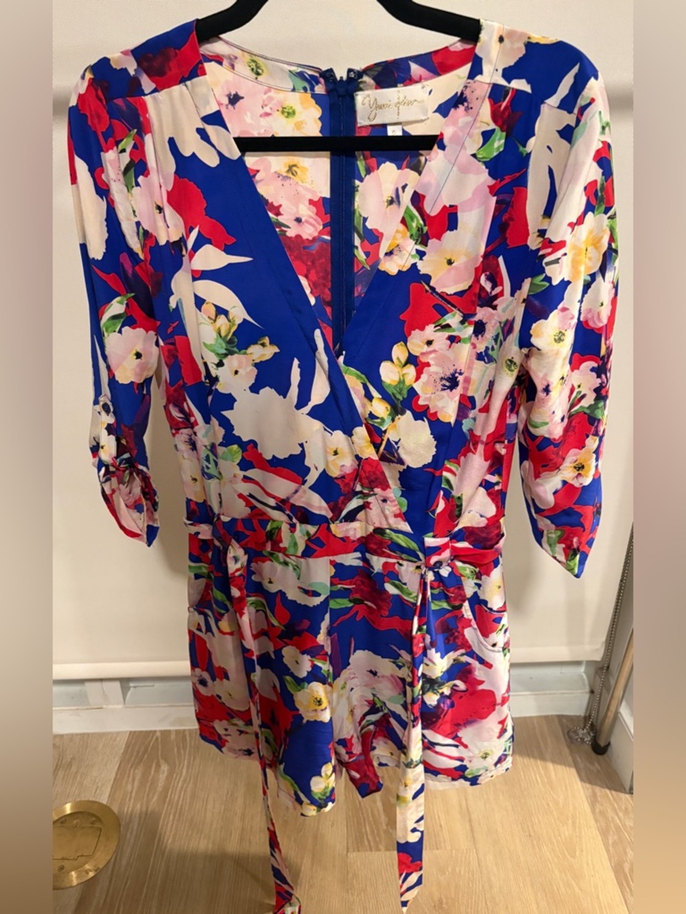Yumi Kim - Liz Romper - 100% Silk - Blue Floral Wrap Tie Waist - Size Small - Picture 2 of 7